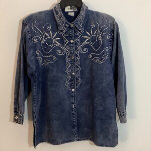 Denim Shirt Jacket Silver Color Thread & Beads Glitzy Washed Western Denim 14-16